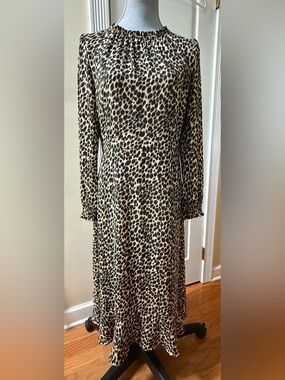 J. Crew Long-Sleeve Leopard Print Midi Dress - Black & Cream Size 8